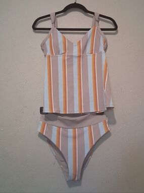 Skie Bart Piper Birthday Women‎ Swim Set Striped Beige/Blue SzM Swimwear Tankini